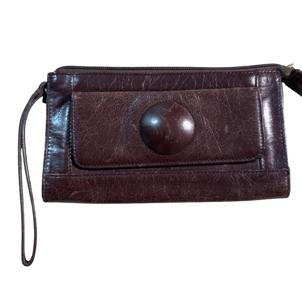 Vintage Hobo International Brown Leather‎ Organizer Wristlet Wallet Clutch Brown
